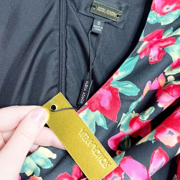 NWT Alexia Admor NY Womens Black Floral Flutter Sleeve Midi Dress High Slit - Picture 15 of 16